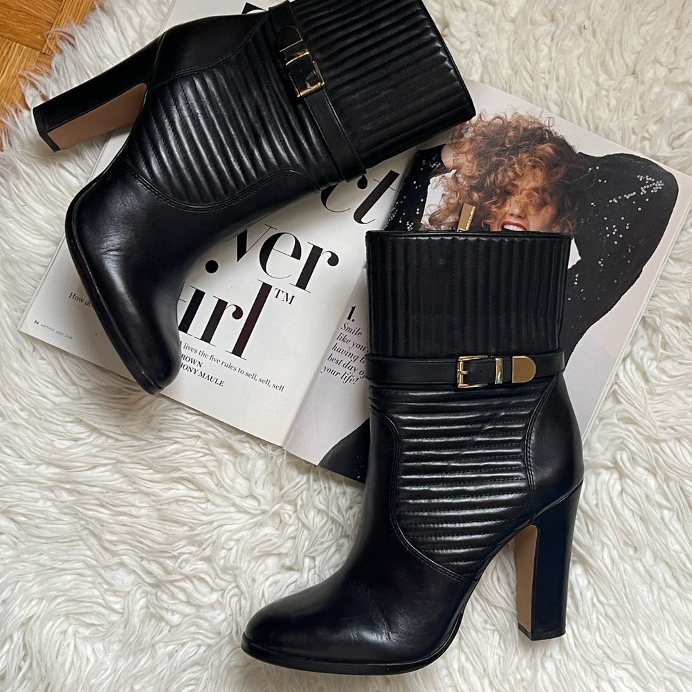 Vince Camuto 
VC Curtis Boots/Bootie 
Black Heeled Ankle Boots w/ Gold Buckle